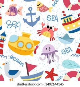 Seamless pattern with sea elements on white background. Lettering, crab, fish, boats, submarine, shells, anchor. Hand drawn flat vector for background, wallpaper, textile, fabric.