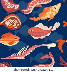 Seamless pattern of sea exotic fishes flat vector illustration on white background