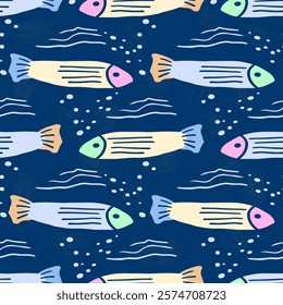 Seamless pattern with sea fish, abstract ornament with blue background. A set of hand-painted flat fish in doodle style, bright fish underwater. Textile fashionable print for the nursery.