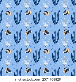 Seamless pattern with sea fish, abstract ornament with blue background. A set of hand-painted flat fish in doodle style, bright fish underwater. Textile fashionable print for the nursery.