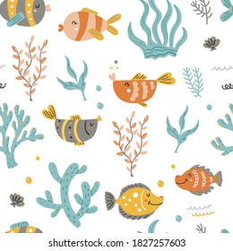 Seamless pattern with sea fish and algae. Pattern for bedroom, wallpaper, kids and baby t-shirts and wear, hand drawn nursery illustration