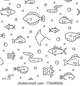 Seamless pattern with sea fish, black and white icons