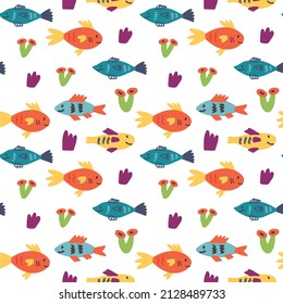 Seamless pattern sea fish coral bush. Doodle Hand drawn nursery baby scandinavian style kids digital textile fabric paper