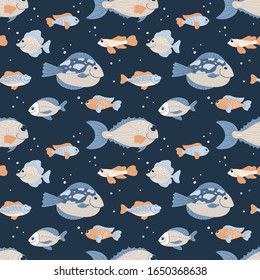 Seamless pattern with sea fish on a dark background.