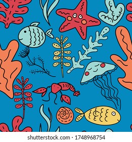 Patrón sin mar con peces y plantas marinas. La textura de los vectores oceánicos puede utilizarse para imprimir en tela, ropa, papel de envoltura.