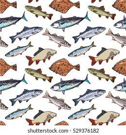 Seamless pattern, sea fish sketch style vector illustration. Realistic sea fish as backdrop, wallpaper, wrap, textile design. Tuna, herring, sea bass, flatfish, perch, carp