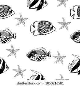 Seamless pattern with sea fish and stars.  Vector sketch illustration for textiles, gift wrapping, wallpaper.