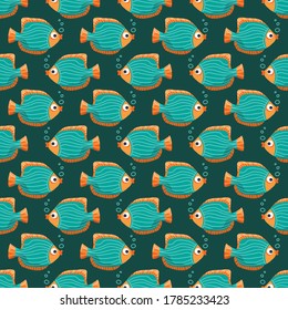 Patrón sin foco con peces marinos. Vida submarina. Diseño plano. Ilustración vectorial. Elemento de diseño para tela, papel pintado o papel envolvente.