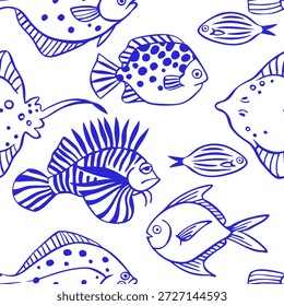 Patrón sin fisuras con peces de mar. Estampado de Vector con peces azules abstractos.