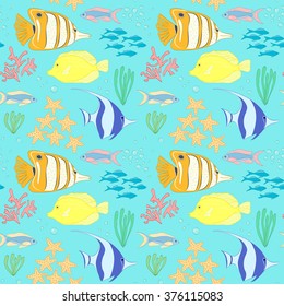 Seamless pattern with sea fish. Seamless vector pattern with sea fishes, corals and seaweeds. Underwater background. Sea life background. Sea animals seamless pattern. Underwater seamless pattern.