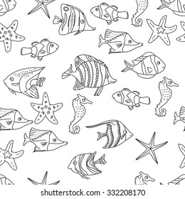 Seamless pattern with sea fishes. Black and white.  Endless texture for your design, announcements, postcards, posters.