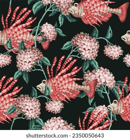 Seamless pattern with sea fishes and flowers. Vector