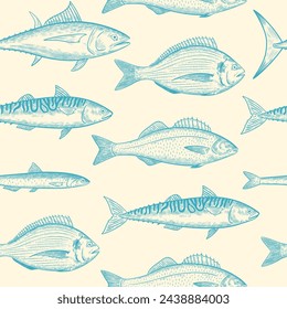 Seamless pattern with sea fishes species. Seafood fish. Vector illustration in retro engraving style.