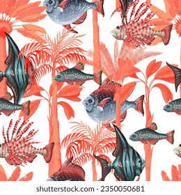 Seamless pattern with sea fishes and trees. Vector