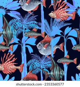 Seamless pattern with sea fishes and trees. Vector