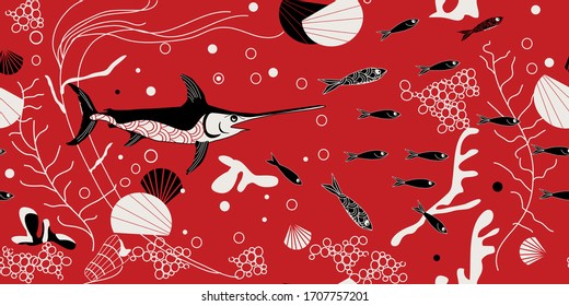 patrón transparente con peces marinos, diseño vectorial para papel, cubierta, tela