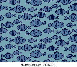 Seamless pattern with sea fishes. Vector illustration background in flat design style for cafe, bistro, restaurant, bars menu card.  Food and drink abstract design