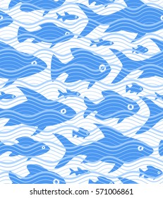 Seamless pattern with sea fishes and waves. Vector simple marine background.
