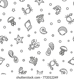 Seamless pattern with Sea food, black and white icons
