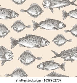 Seamless pattern with sea food in the graphic vintage style. Vector.