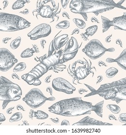 Seamless pattern with sea food in the graphic vintage style. Vector.