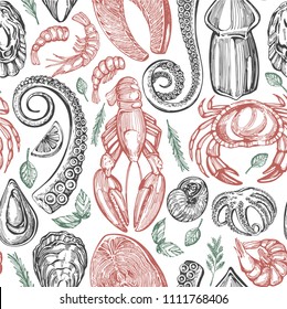 Seamless pattern with sea food (mussels, crab, lobster, shrimp, salmon, oysters, octopus, squid)