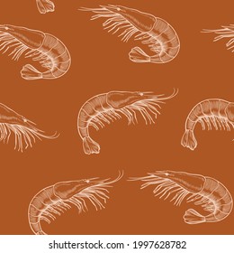 Seamless pattern with sea food, shrimp, drawn in vintage engraving style. Hand drawing, vector Illustration.