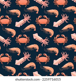 Seamless pattern with sea food, shrimps, squids and crabs. Cartoon vector illustration