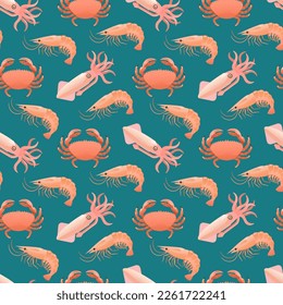 Seamless pattern with sea food, shrimps, squids and crabs. Cartoon vector illustration