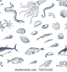 Seamless pattern of sea food. Sketch of seafood on a white background