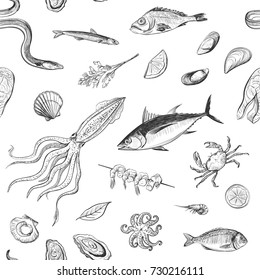 Seamless pattern of sea food. Sketch of seafood on a white background