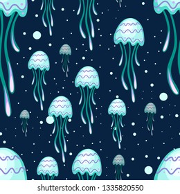 Seamless pattern. Sea green jellyfish with pattern. Tropical underwater animal. Medusa aquatic organism, cartoon style design. Flat vector illustration on dark blue background.