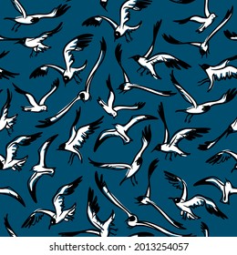 seamless pattern sea gulls: 
black silhouettes on blue background, vector