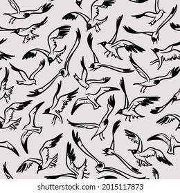 seamless pattern sea gulls: 
black silhouettes on white background, vector
