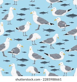 Seamless pattern with sea gulls and fish. Realistic vector birds in print