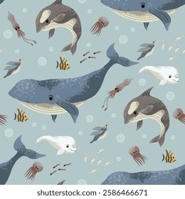 Seamless pattern  with sea habitants such as fishes, jellyfishes etc. Vector