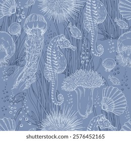 Seamless pattern with sea horse, jellyfish and shells. Hand drawn vector illustration on blue background.