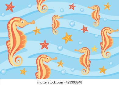 Seamless pattern sea horse and starfish