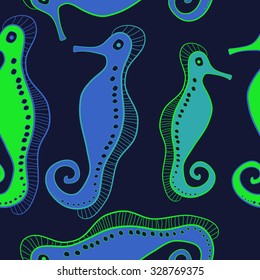 Seamless   pattern  of sea Horses, bagels, hole, spots,. Hand drawn.