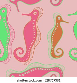 Seamless   pattern  of sea Horses, bagels, hole, spots,. Hand drawn.
