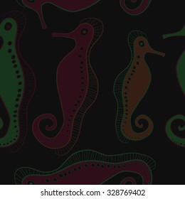 Seamless   pattern  of sea Horses, bagels, hole, spots,. Hand drawn.