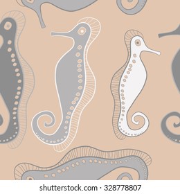 Seamless   pattern  of sea Horses, bagels, hole, spots,. Hand drawn.