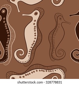Seamless   pattern  of sea Horses, bagels, hole, spots,. Hand drawn.