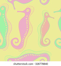 Seamless   pattern  of sea Horses, bagels, hole, spots,. Hand drawn.