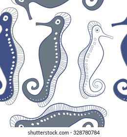 Seamless   pattern  of sea Horses, bagels, hole, spots,. Hand drawn.