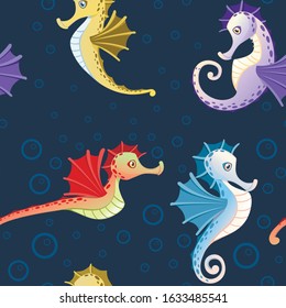 Seamless pattern of sea horses with different skin colors and bubbles cartoon sea animal design flat vector illustration on blue background