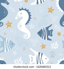 Seamless pattern with sea horses, fish. Vector background. Cute blue animals in the sea, starfish, waves. 