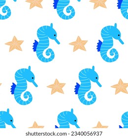 Seamless pattern with sea horses and starfish. Marine vector flat background