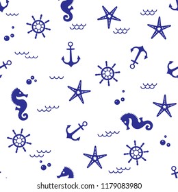 Seamless pattern with Sea horse,sailing, anchor and starfish.Cute Marine pattern for fabric, baby clothes, background, textile,wrapping paper and other decoration.Vector illustration