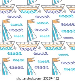 Seamless pattern with sea icons, cute childish background, vector illustration 